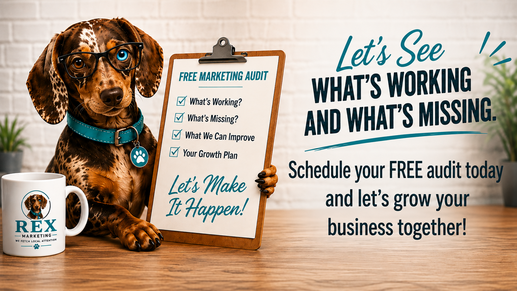 A cartoon dog wearing glasses and a blue collar sits at a wooden desk next to a white coffee mug with a dog illustration. The dog is holding a clipboard with a list for a free marketing audit, and there is text promoting scheduling a free audit to grow your business.