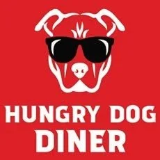 Logo of Hungry Dog Diner featuring a dog wearing sunglasses on a red background.