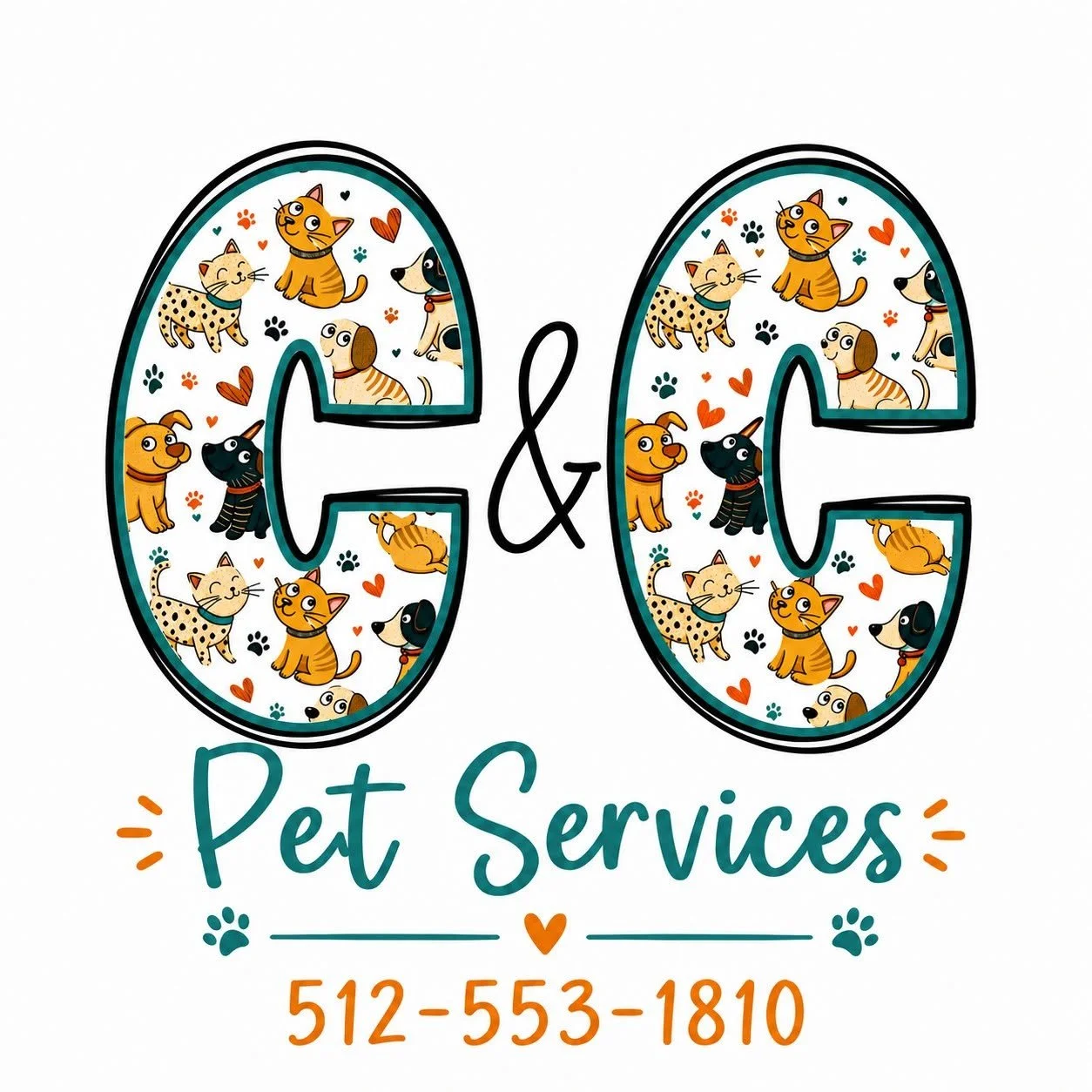 Logo for C&C Pet Services featuring the letters C&C filled with colorful illustrations of dogs and cats, with contact number 512-553-1810. Pet Sitting Services