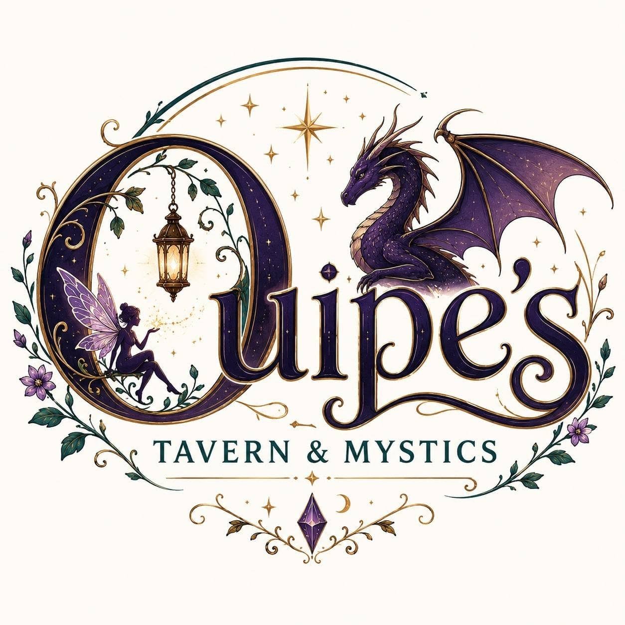 Logo for Ouples Tavern & Mystics with a purple fairy sitting on an ornate letter 'O' and a purple dragon sitting above the text, surrounded by stars, a lantern, flowers, and mystical symbols.