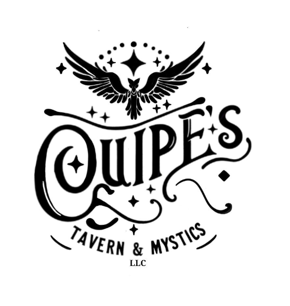Logo for Ouipes Tavern & Mystics featuring a stylized bird with outstretched wings and a starry celestial design.