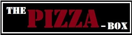 Logo for The Pizza Box with black background, red and white text.
