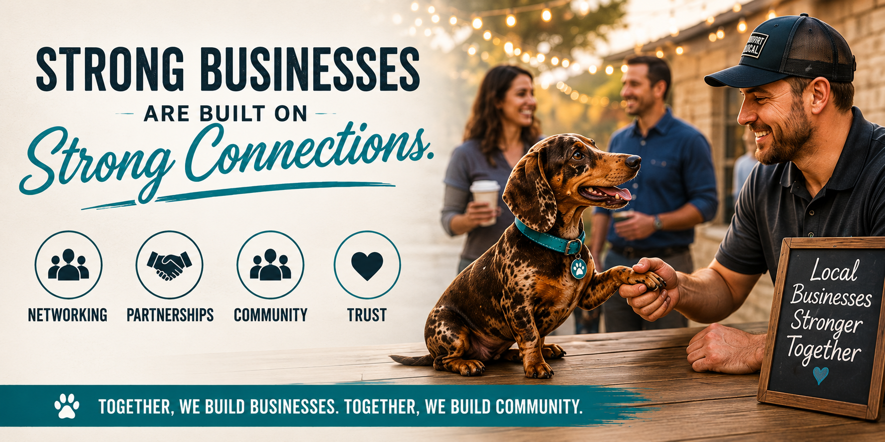 Group of people socializing outdoors during twilight, with a dog shaking hands with a man holding a chalkboard sign that reads 'Local Businesses Stronger Together.' There is a banner emphasizing strong business connections, and icons representing networking, partnerships, community, and trust.