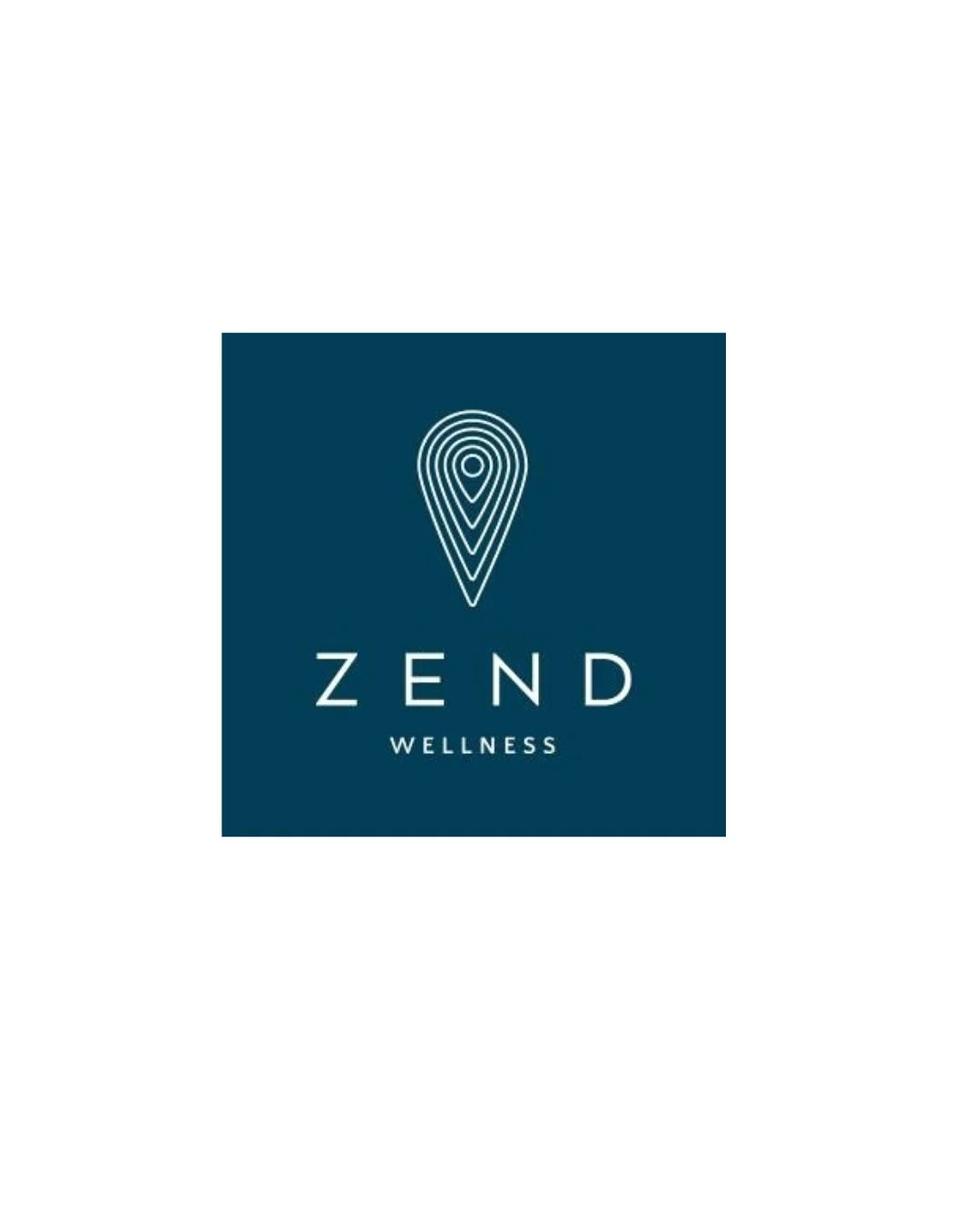 Logo for ZEND Wellness featuring a stylized location pin and the words "ZEND Wellness" on a dark teal background.