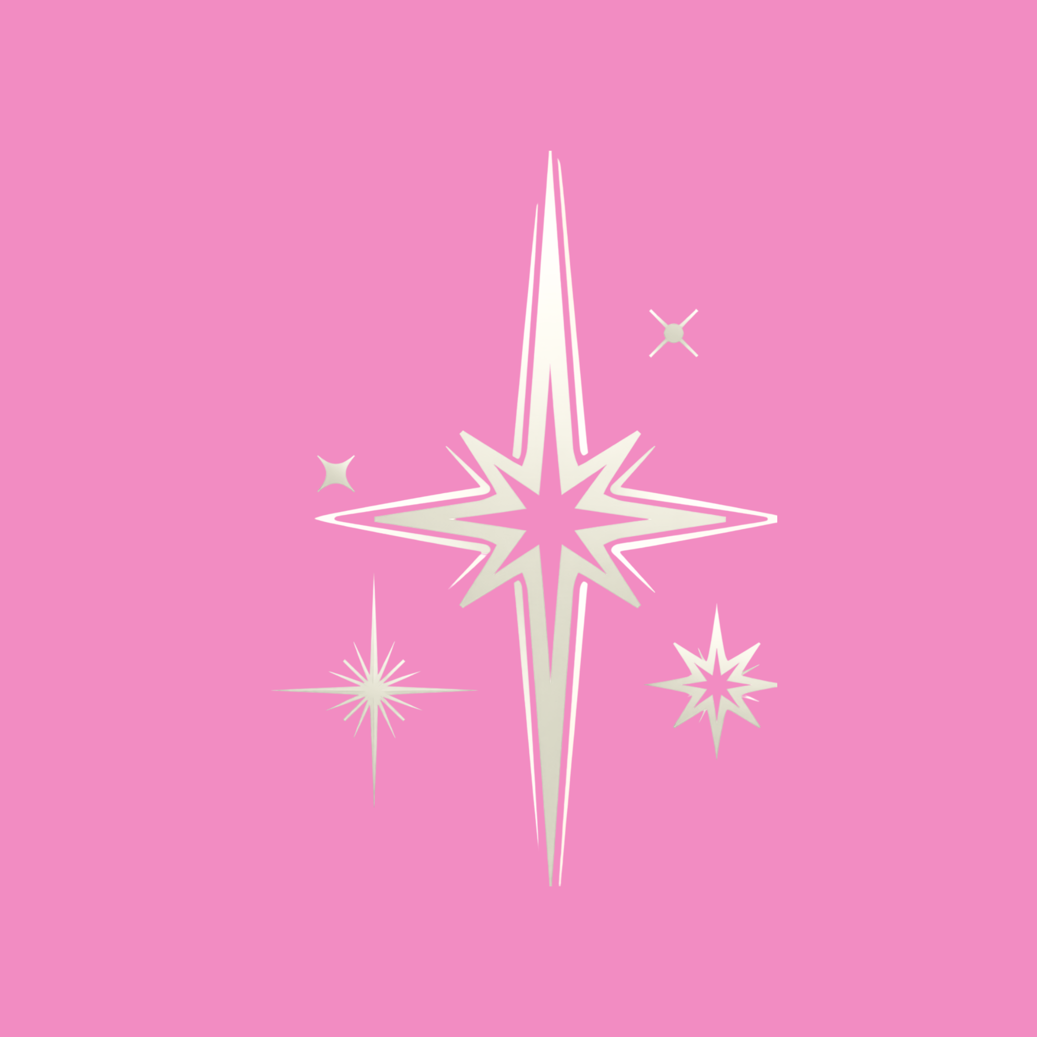 Pink background with a white outlined star-shaped firework explosion and smaller star-shaped sparkles around it.