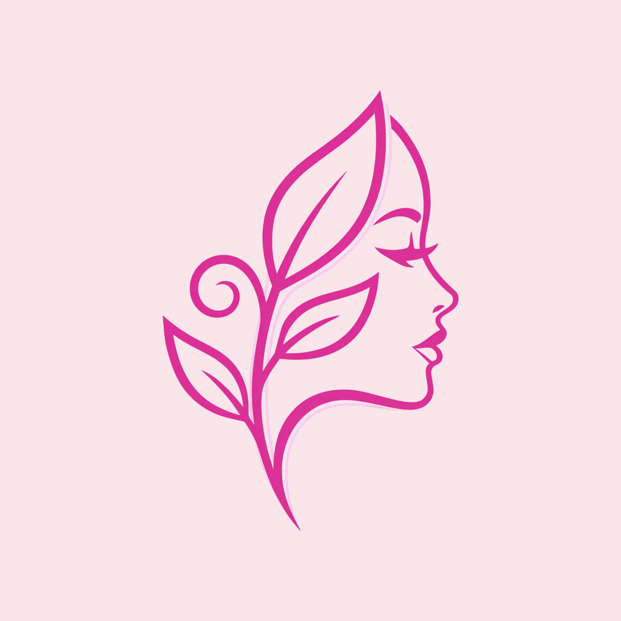 Stylized pink outline of a unicorn face with a horn and flowing mane on a light pink background.