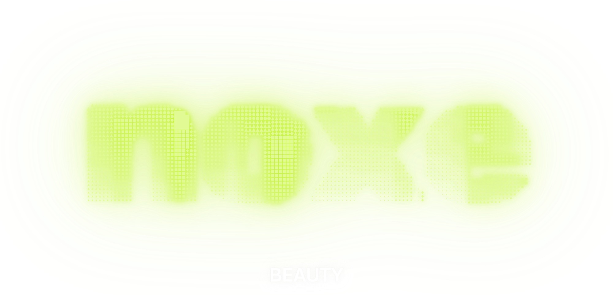 Digital graphic with the word "GLOW" in pixelated style, featuring alternating dots and squares, with a neon green color scheme and the word "BEAUTY" at the bottom.