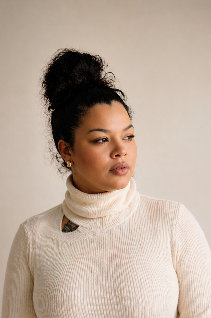 A woman with dark curly hair tied up in a high bun, wearing a cream turtleneck sweater and gold earrings, looking to her side.