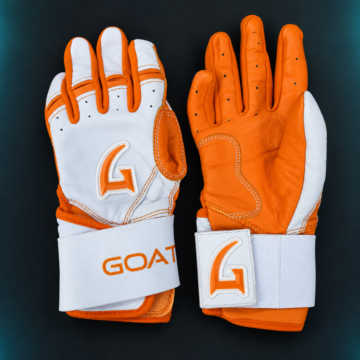 Orange and white GOAThletic batting gloves, showing the back and palm
