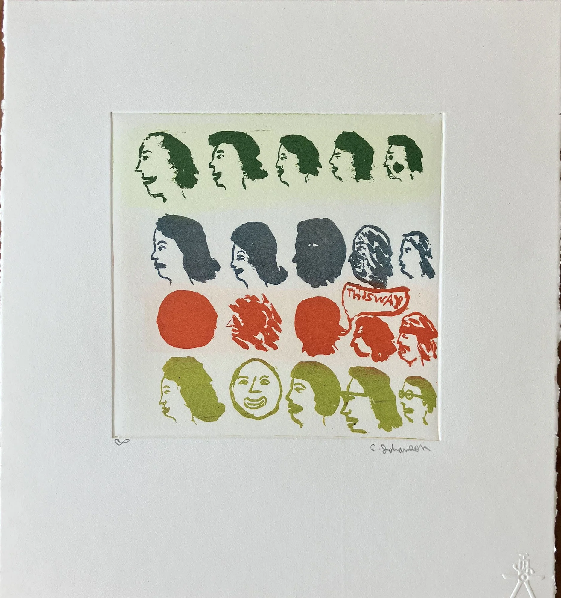 Chris Johanson, Unique Individual Heads, 2016. Etching, alternate colorway. Paulson Fontaine Press at the de Young Museum, SF. Signed ∞. 10.25 × 11.25 in.