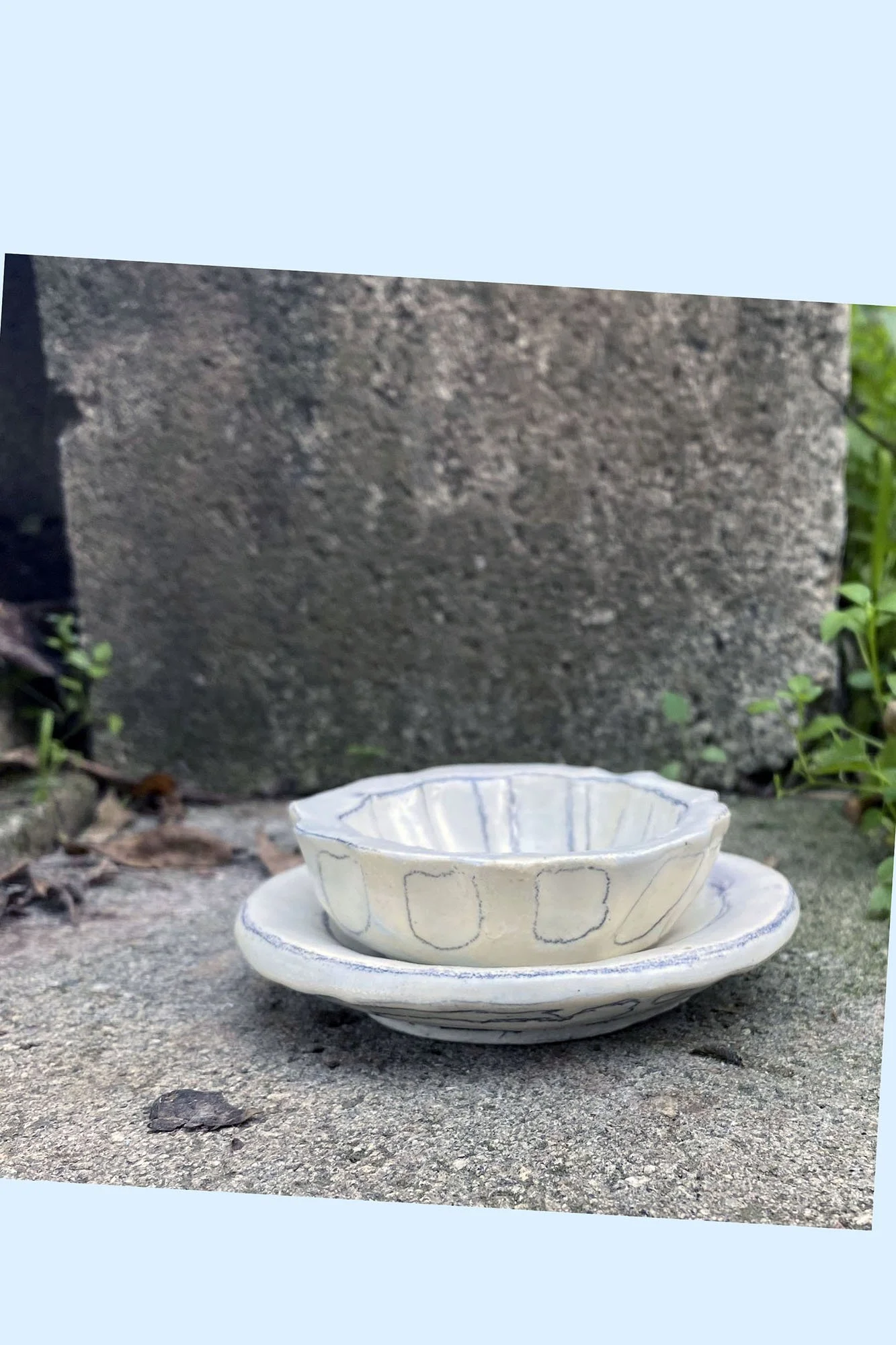 Johanna Jackson, Very Small Bowl and Saucer. One-of-a-kind scalloped ceramic, drawn on in light multicolor. 2¼" tall, 4½" wide.