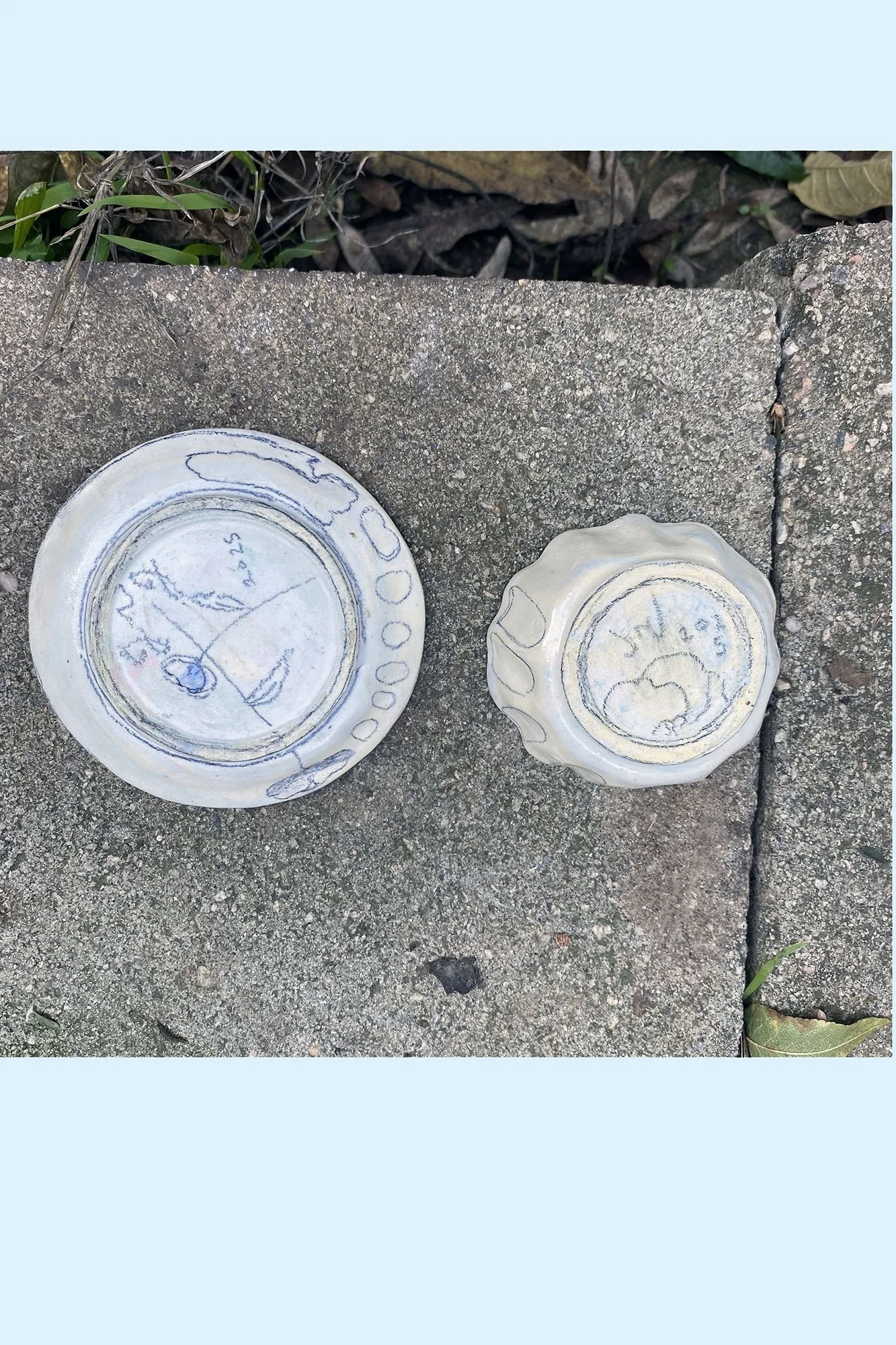 Johanna Jackson, Very Small Bowl and Saucer. Underside of saucer with drawings of flowers and tracings of the form.