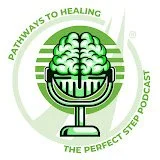 Logo for 'Pathways to Healing' podcast, featuring a stylized green brain inside a vintage microphone with green sound waves, and circular text around it.