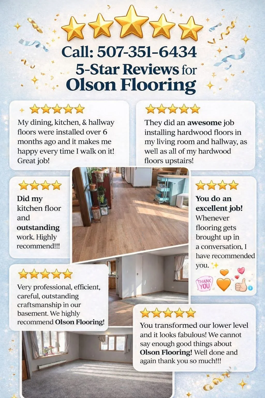 Celebratory graphic with five gold stars at the top, promoting Olson Flooring's 5-star reviews. Contains multiple customer testimonials praising their hardwood flooring installation, with images of finished floors, a room with carpet, and a cozy room with sunlight. The design includes confetti and star decorations.