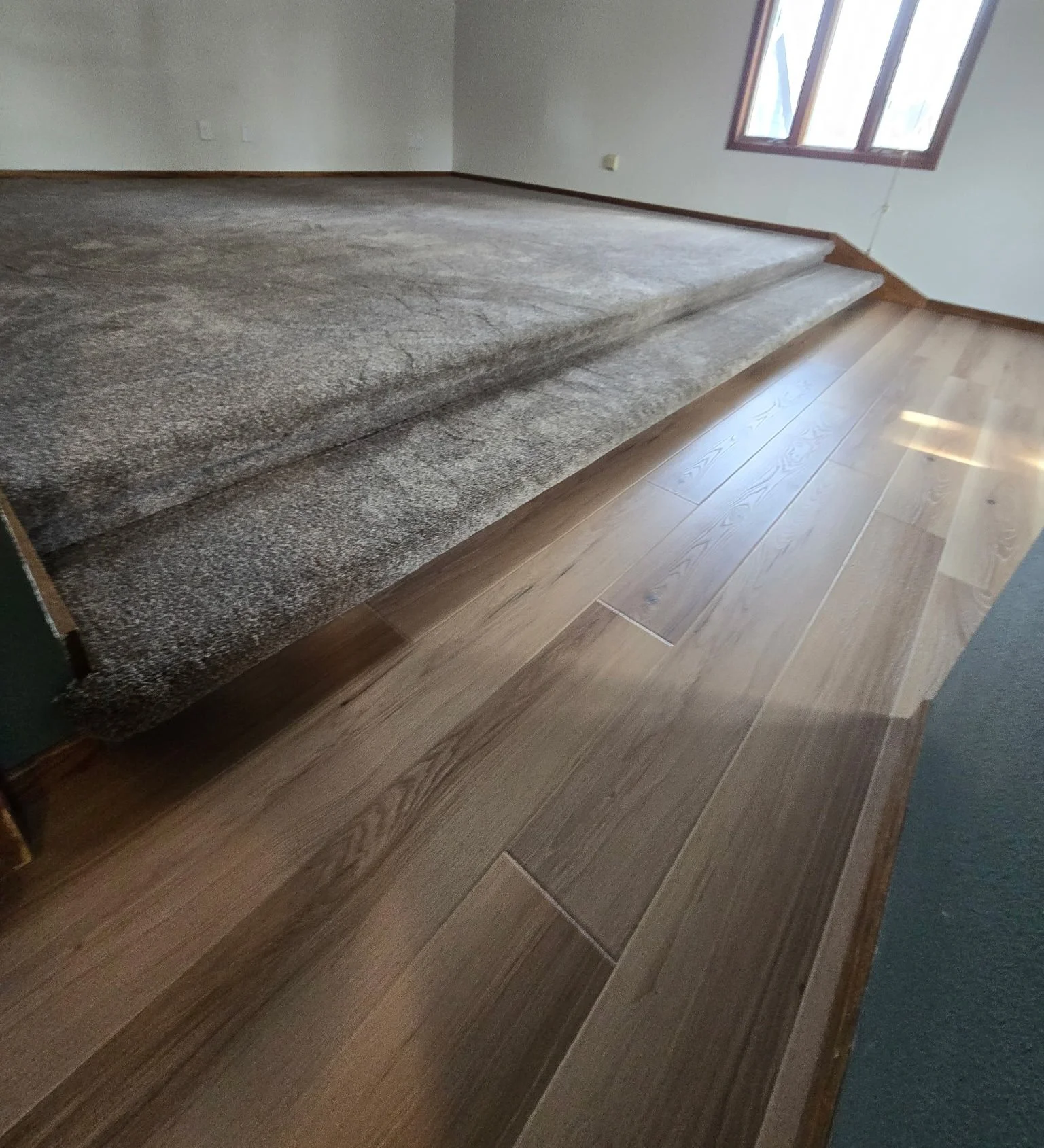 Interior of a room with a raised carpeted area and wooden flooring, with a window and white walls.