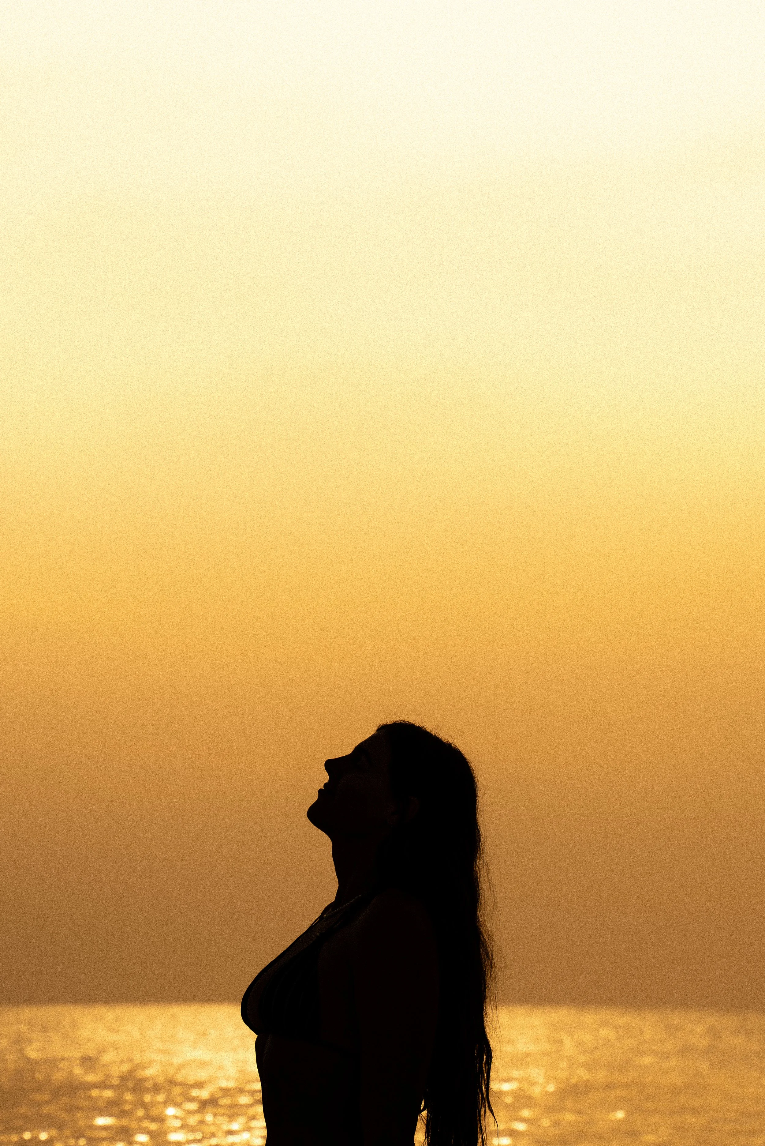 Silhouette of a woman with long hair smiling and looking up, against a golden sunset over the ocean.