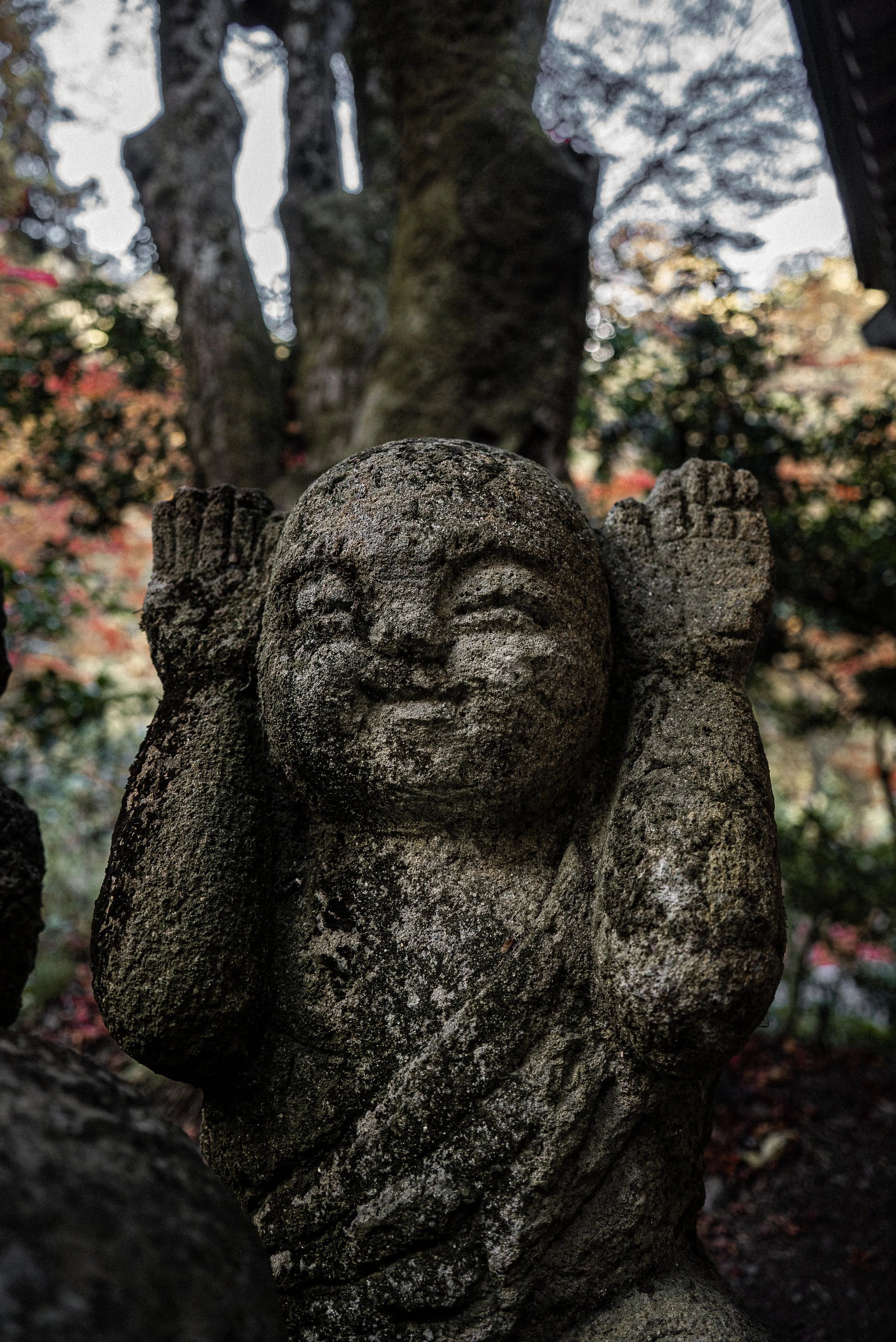Close-up of a weathered stone sculpture of a human face with a rounded head and closed eyes, surrounded by a natural outdoor setting with trees and blurred autumn leaves in the background.