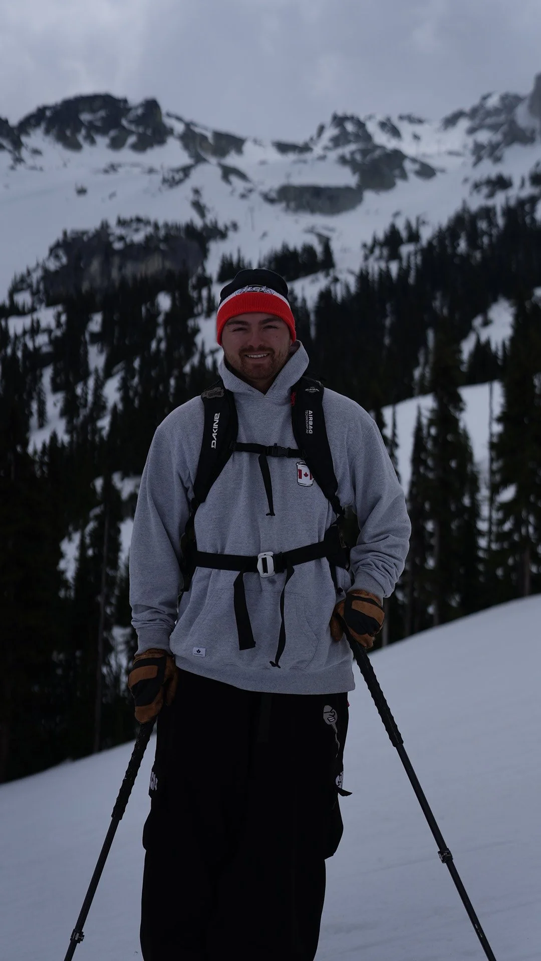 Man in gray hoodie and black pants skiing in snowy mountain landscape with pine trees and snow-covered peaks in the background.