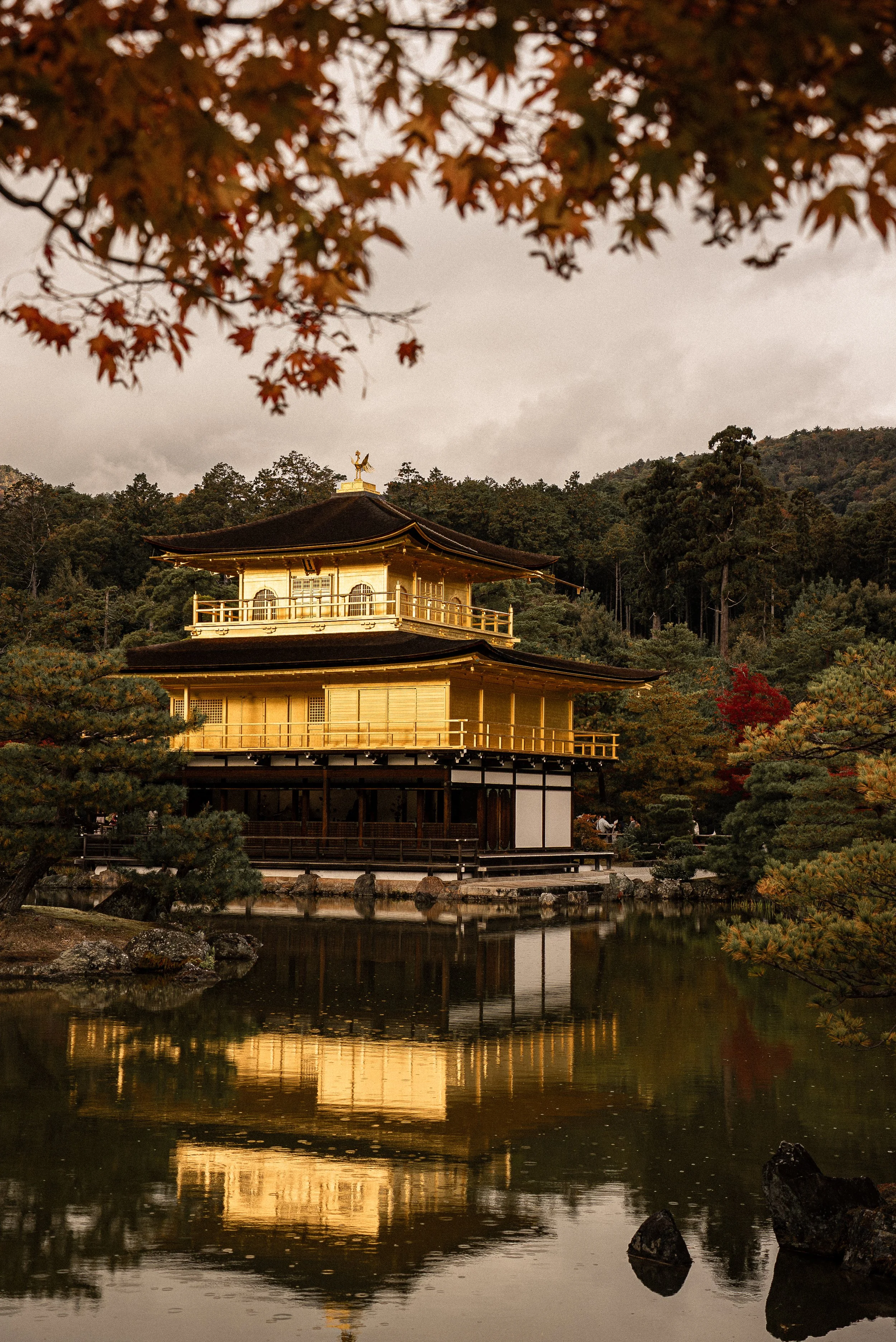 A traditional Japanese building with a golden exterior reflection in a pond, surrounded by trees in autumn foliage and mountains in the background.