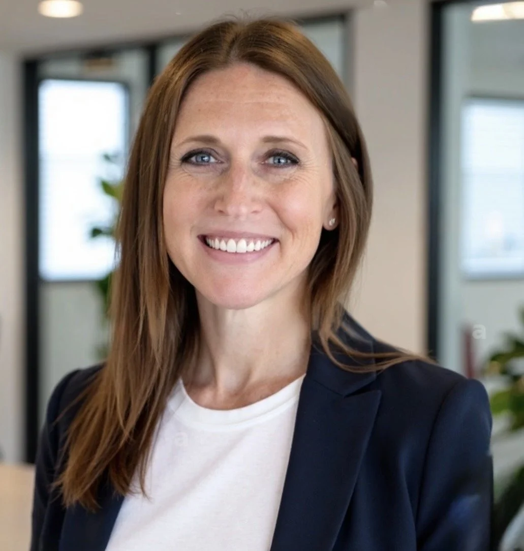 A woman with long brown hair and blue eyes, smiling, wearing a black blazer over a white top, standing in an office environment with windows and plants in the background.