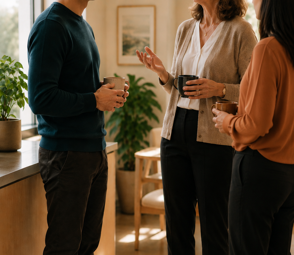 Three people having a conversation indoors, holding coffee cups, near a window with natural light and houseplants.