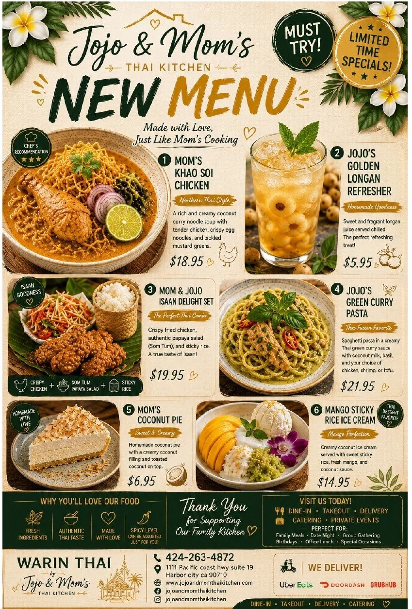Menu flyer for Jojo & Mom's Thai Kitchen featuring new dishes, including Mom's Khao Soi Chicken, Jojo's Golden Longan Refresher, Mom & Jojo Isaan Delight Set, Jojo's Green Curry Pasta, Mom's Coconut Pie, and Mango Sticky Rice Ice Cream, with vibrant images and descriptions.