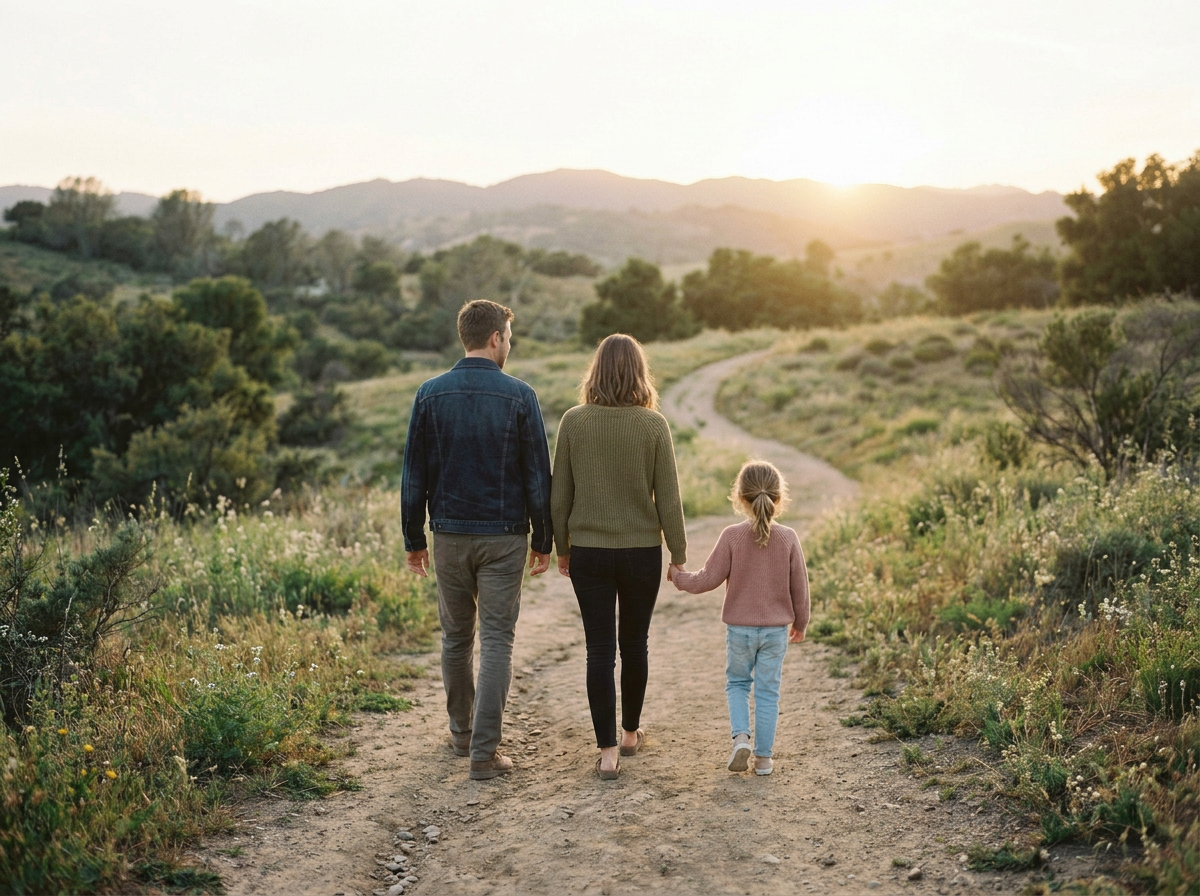 Family of three walking hand in hand on a dirt trail through a grassy field at sunset, with rolling hills and trees in the background.