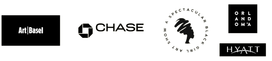 Logos of Art Basel, Chase, a surrealistic black palm tree with the text 'A surrealistic black palm tree,' Orlando Hyatt, and another logo reading 'ORLANDO.'