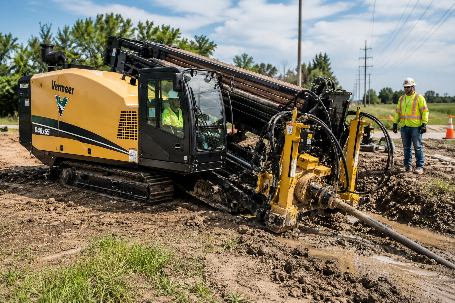 Construction workers operating a large yellow Vermeer soil drilling machine on a dirt site with power lines and trees in the background.