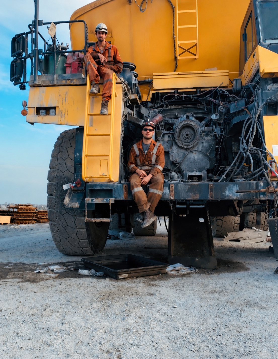 Two construction workers sitting on a large yellow heavy-duty vehicle at a construction site. One person is sitting on the vehicle's step, and the other is seated below him on the vehicle's frame. Both are wearing protective gear, including helmets and work jackets.