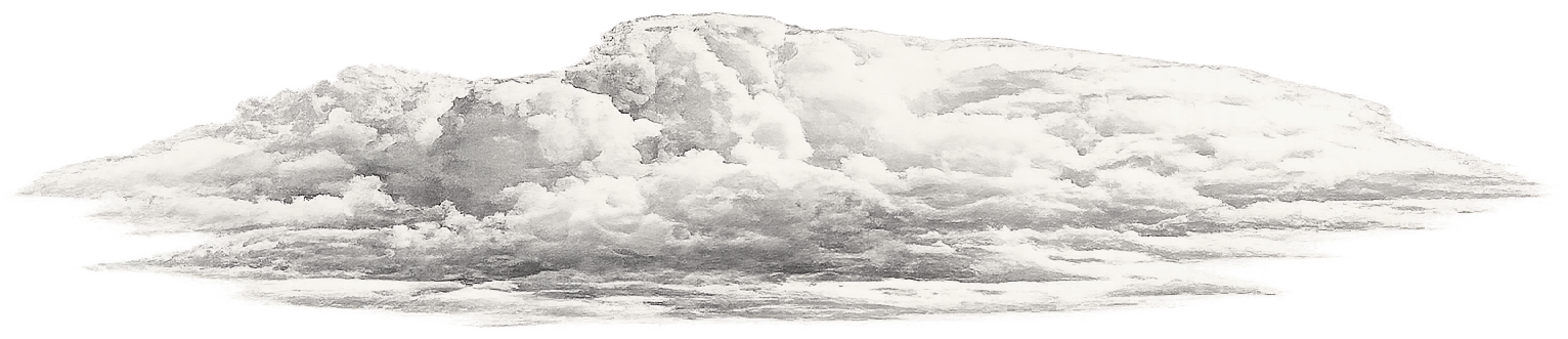A black and white photograph of a cloudy sky with large, billowing clouds.