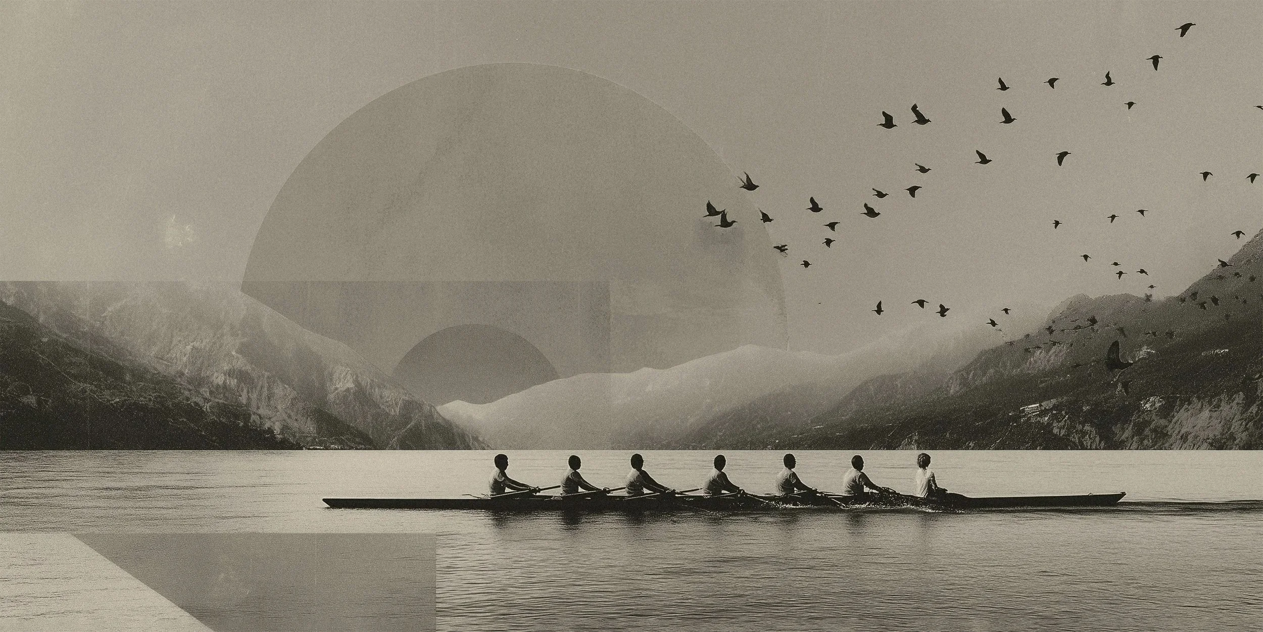 A black-and-white image of a rowing team on a calm lake with mountains in the background, a flock of birds flying in the sky, and a large, semi-transparent geometric shape overlaying the scene.