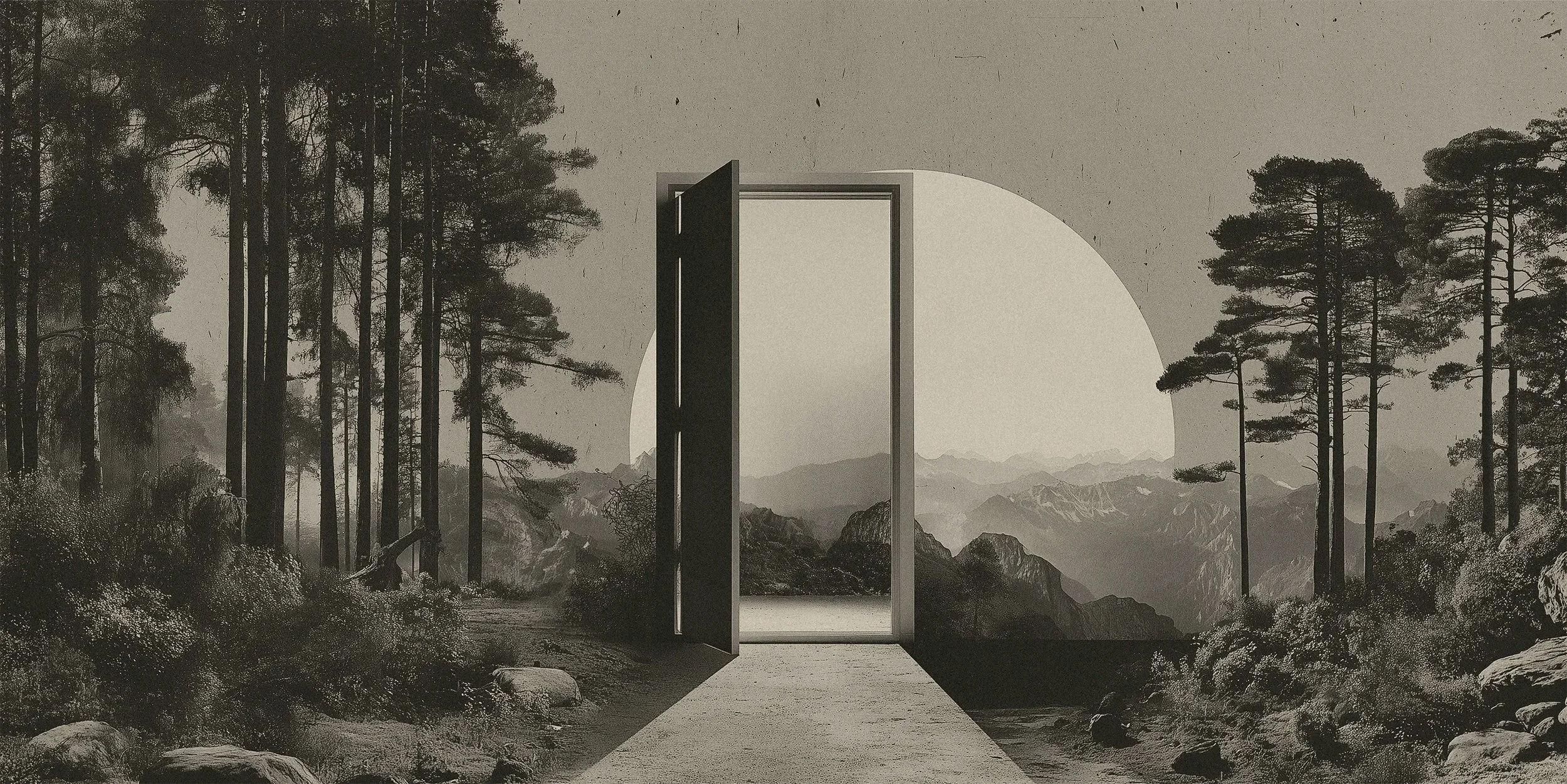 Surreal landscape with a mountain range, tall trees, and a large circular moon or sun in the background. A door stands open in the foreground, leading to an undefined space.