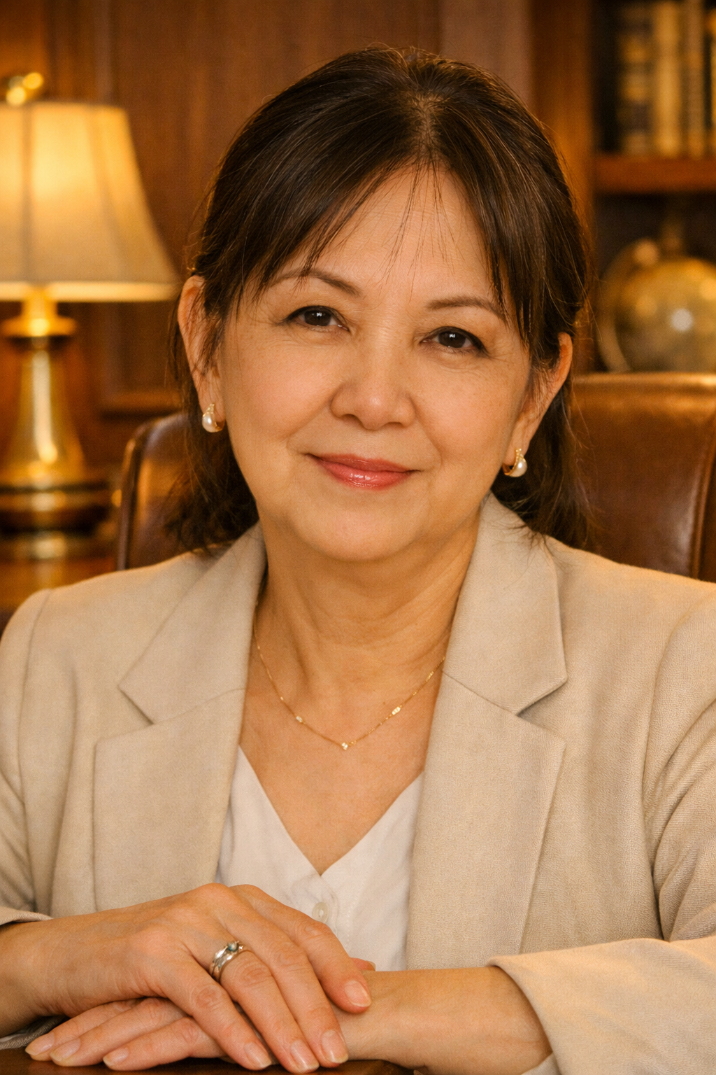 A woman with dark hair, wearing a beige blazer, white blouse, pearl earrings, and jewelry, sitting at a desk with a warm, wood-paneled background and a lamp.