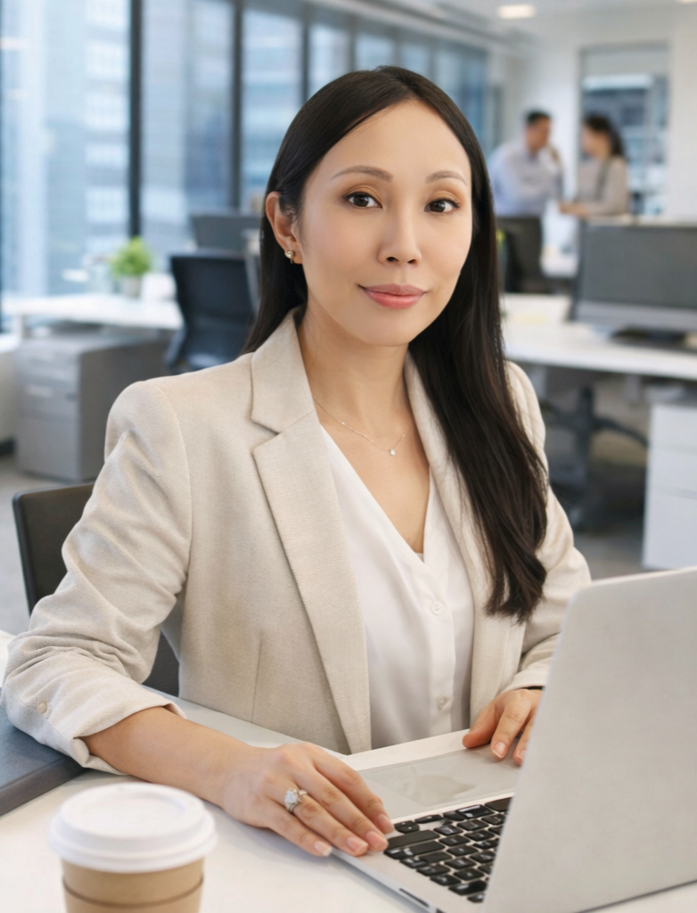 Professionally dressed woman sitting at a desk in an office, using a laptop, with two people working in the background.
