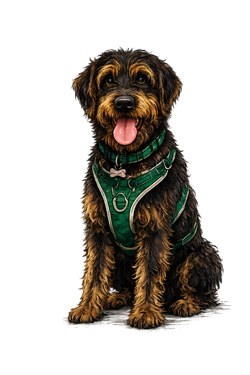 A cute black and brown dog wearing a green harness and collar, sitting with tongue out against a dark background with colored lights.
