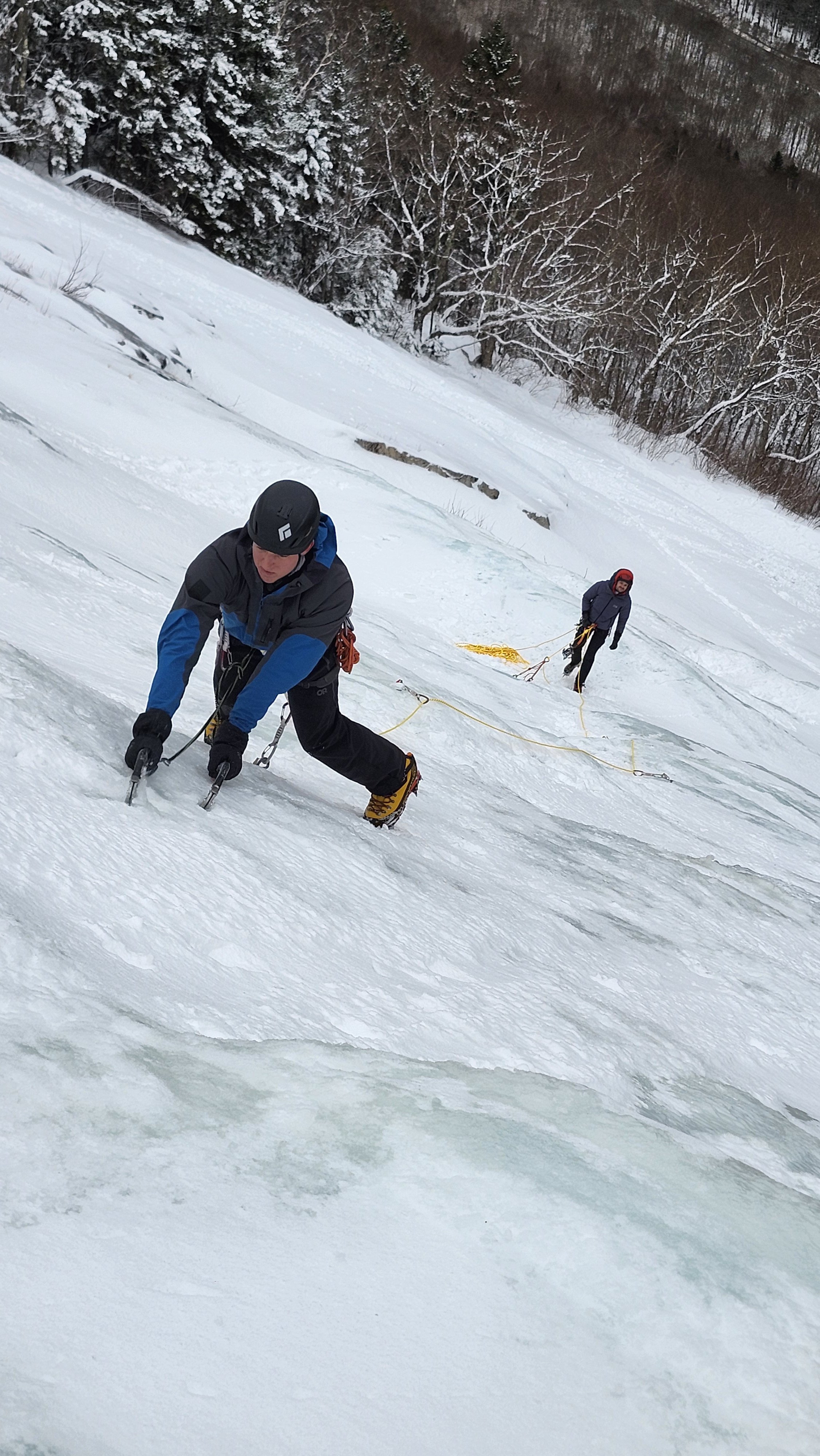 Two people climbing a snowy, icy slope with trees in the background, using mountaineering gear.