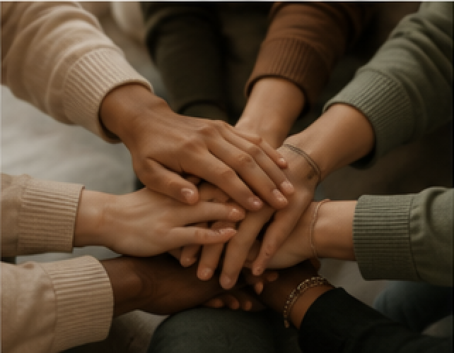Multiple hands stacked together in the center, showing unity and teamwork.