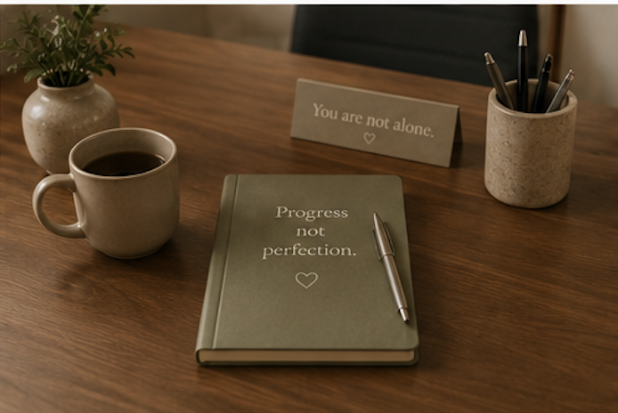 Desk setup with a mug of coffee, a green notebook saying "Progress not perfection," a pen, a small potted plant, a sign reading "You are not alone," and a cup holding pens and pencils.