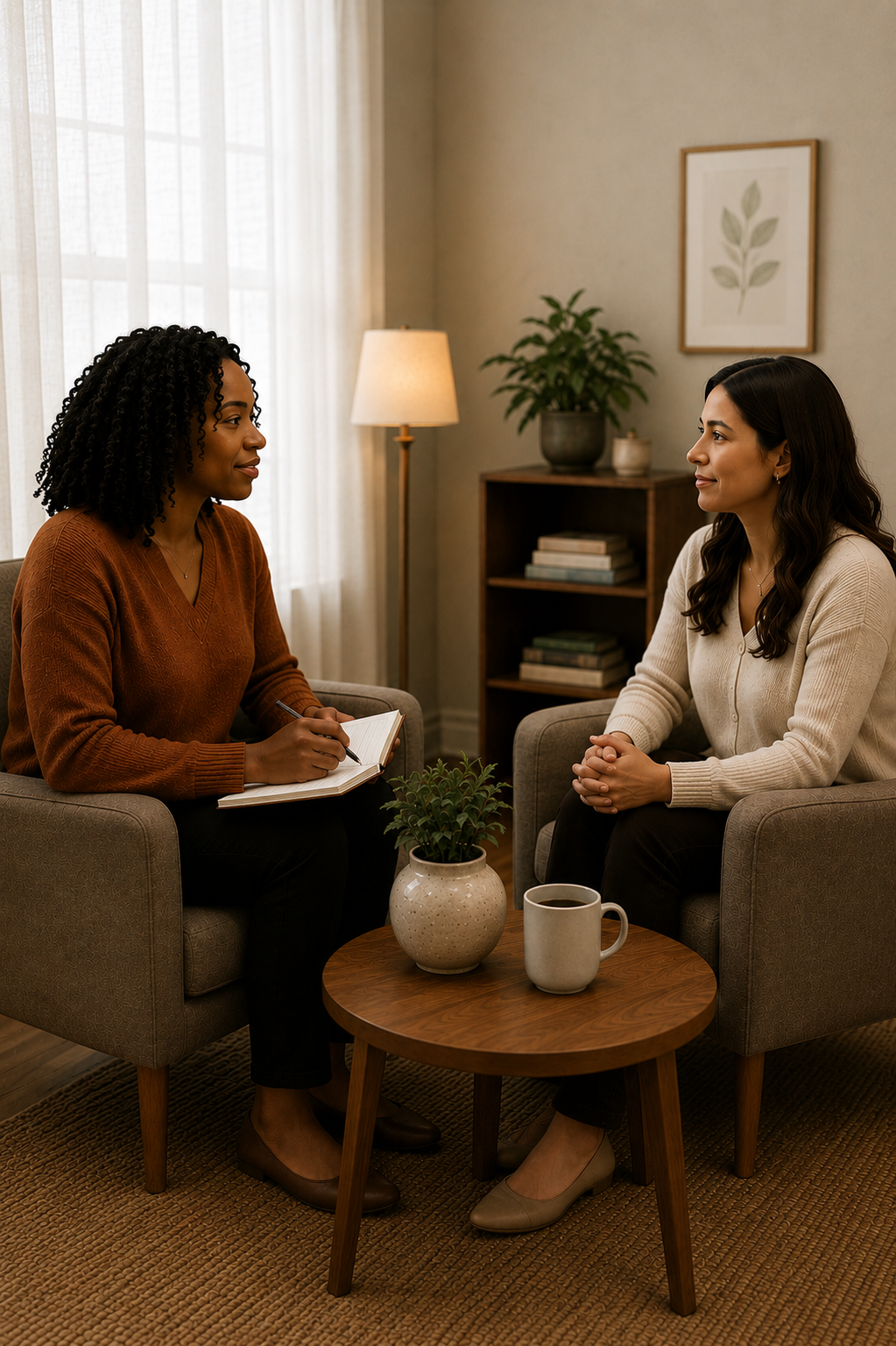Two women having a conversation in a cozy living room, seated in armchairs with a small wooden table between them, holding a notebook and a pen, with a mug of coffee and a plant on the table, a bookshelf, and a framed leaf print on the wall in the background.