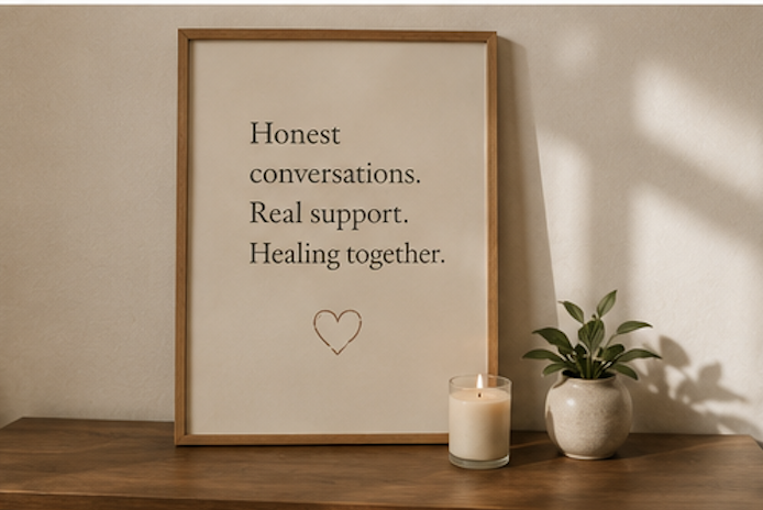 Framed wall art with words about honest conversations, support, and healing, a small heart illustration, a lit candle, and a potted plant on a wooden surface.