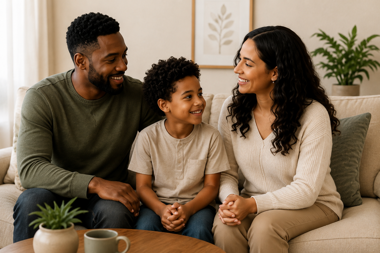 A happy multiracial family sitting on a beige couch, smiling at each other in a living room decorated with plants and framed artwork.
