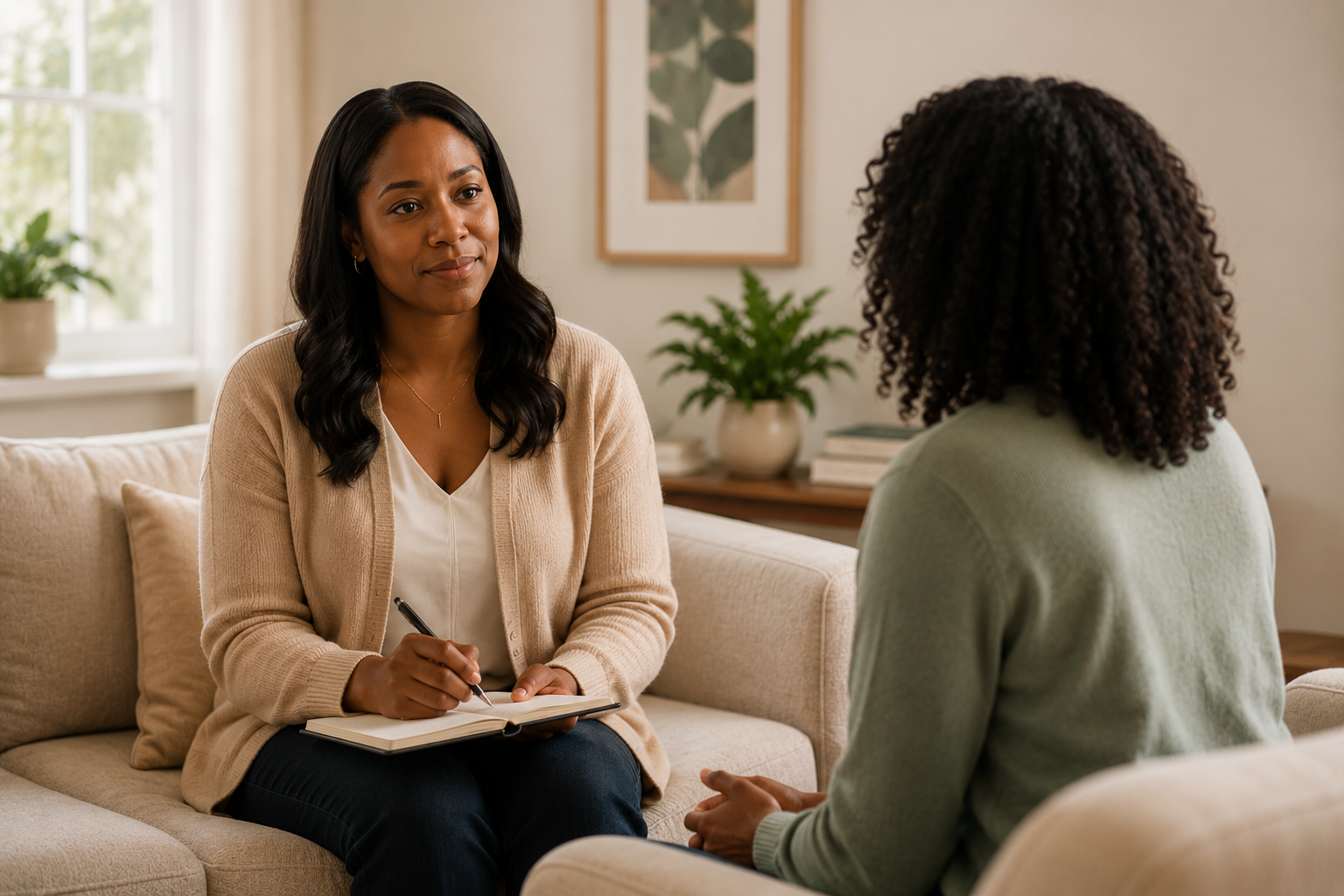 A woman in a beige cardigan and white blouse sitting on a beige sofa, holding a notebook and pen, talking to another woman with curly hair wearing a green sweater in a cozy living room.