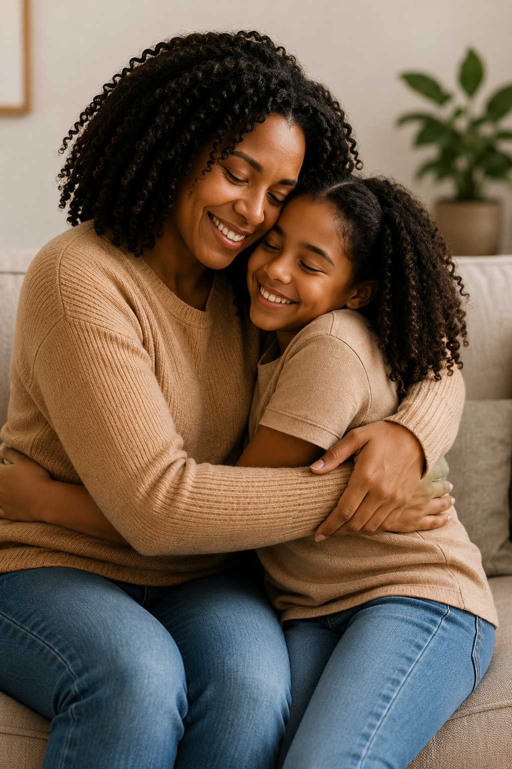 A woman and girl sharing a hug and smiling with eyes closed in a cozy living room.