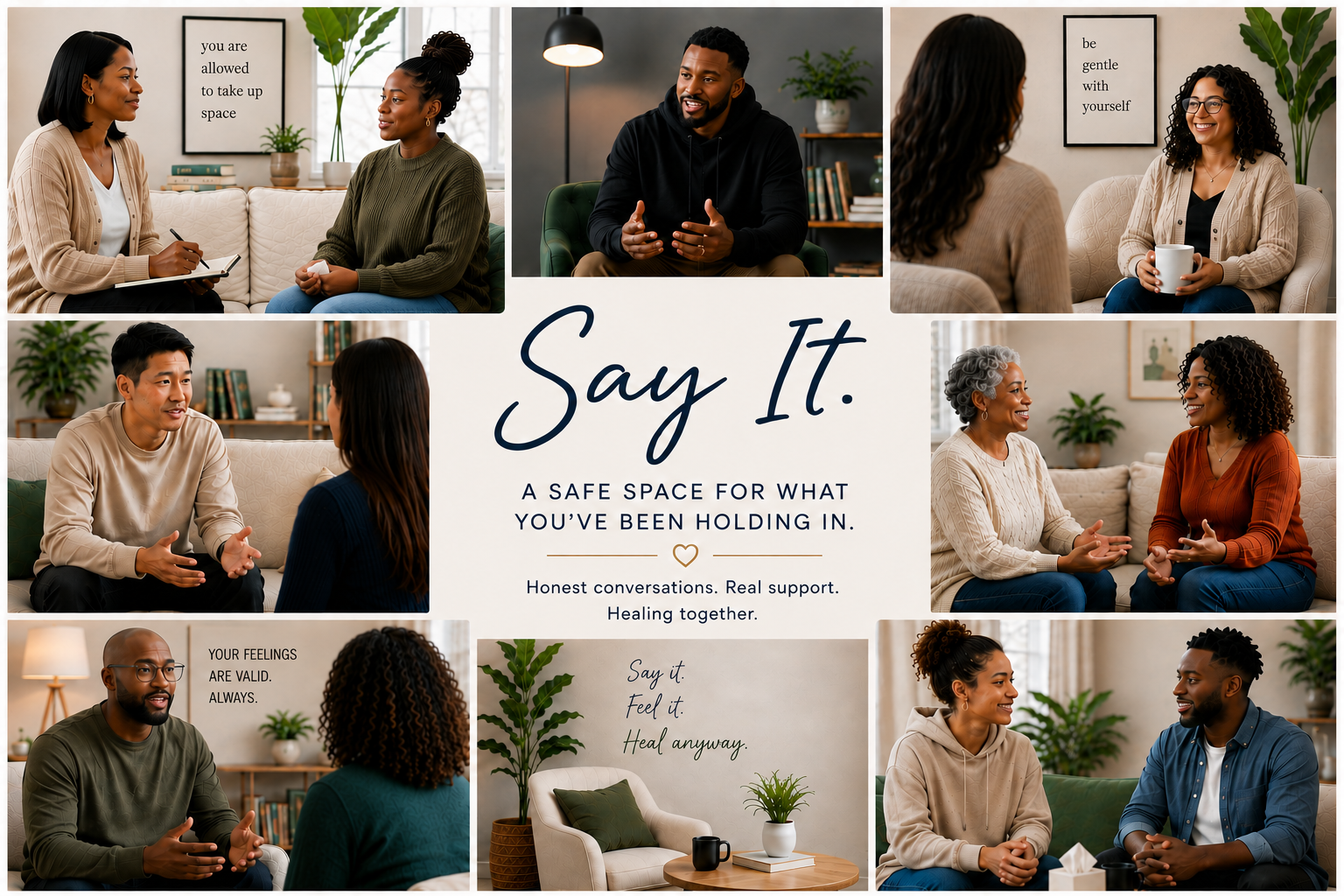Collage of diverse people engaged in conversations in a comforting, cozy indoor setting with motivational and supportive messages displayed, promoting honesty, support, and healing.