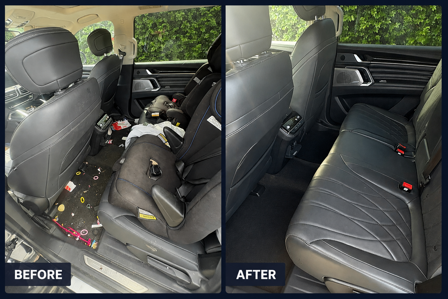 Comparison of the back seats of a car before and after cleaning; the 'before' side shows messy seats with trash, food crumbs, and debris on the floor, while the 'after' side shows clean, organized seats and spotless floor.