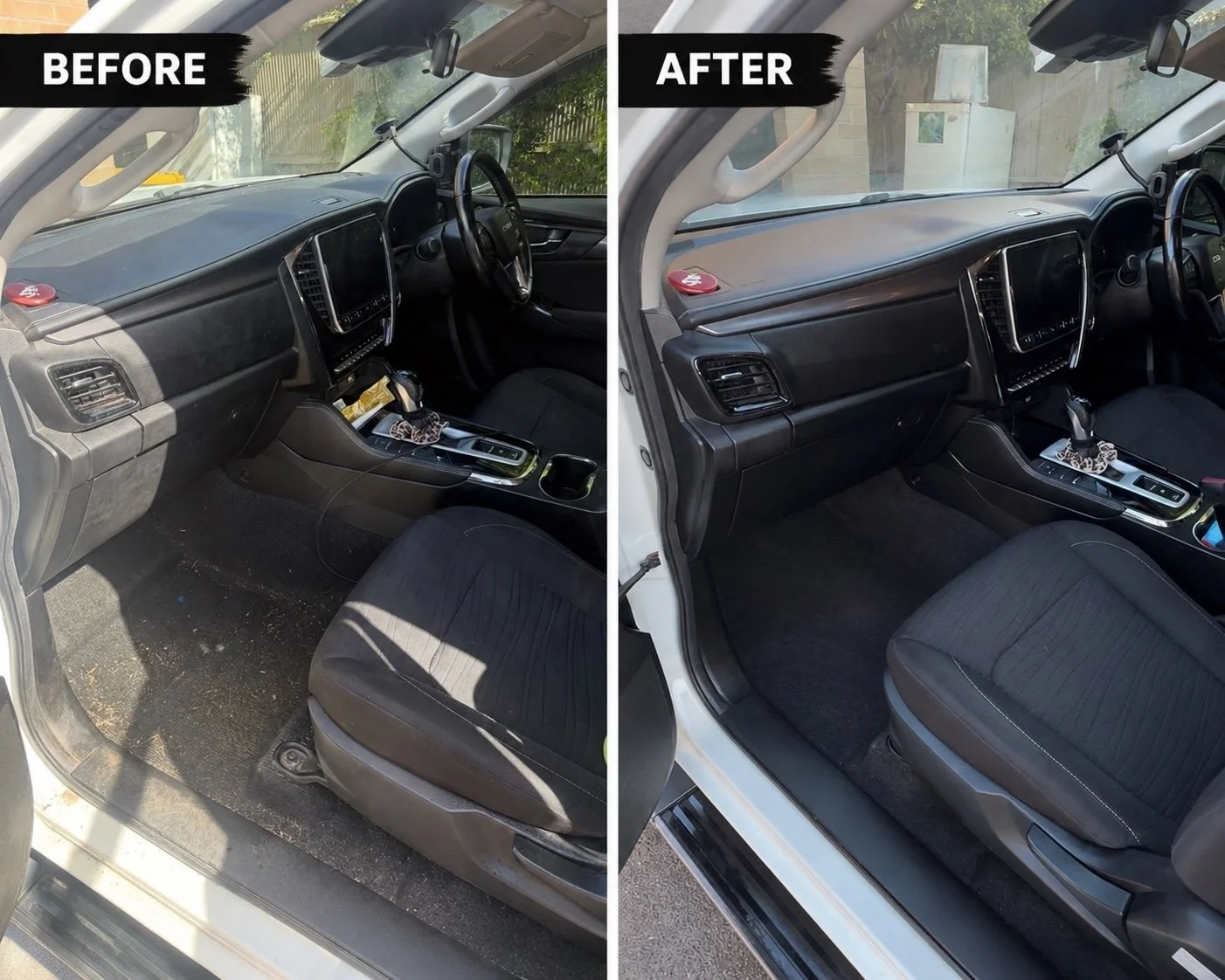 Comparison of a car interior before and after cleaning, showing a dusty and dirty passenger side in the 'before' image and a clean, spotless interior in the 'after' image.