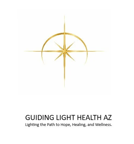 Gold compass rose logo with text reading 'Guiding Light Health AZ' and slogan 'Lighting the Path to Hope, Healing, and Wellness'.