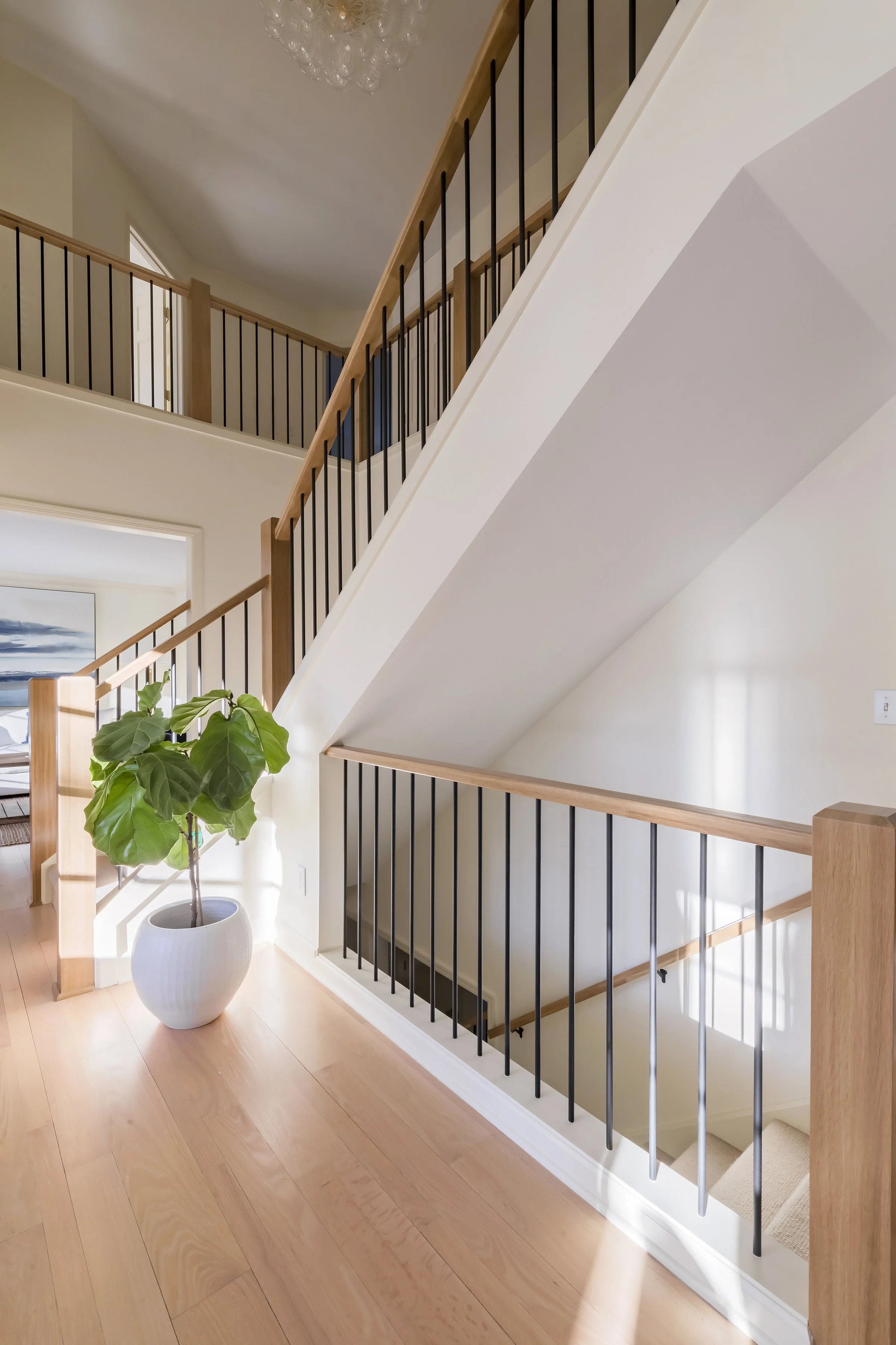 Interior view of a staircase with wooden and black metal railings, a potted green plant in a white pot, and hardwood floors, with a doorway and artwork visible in the background.
