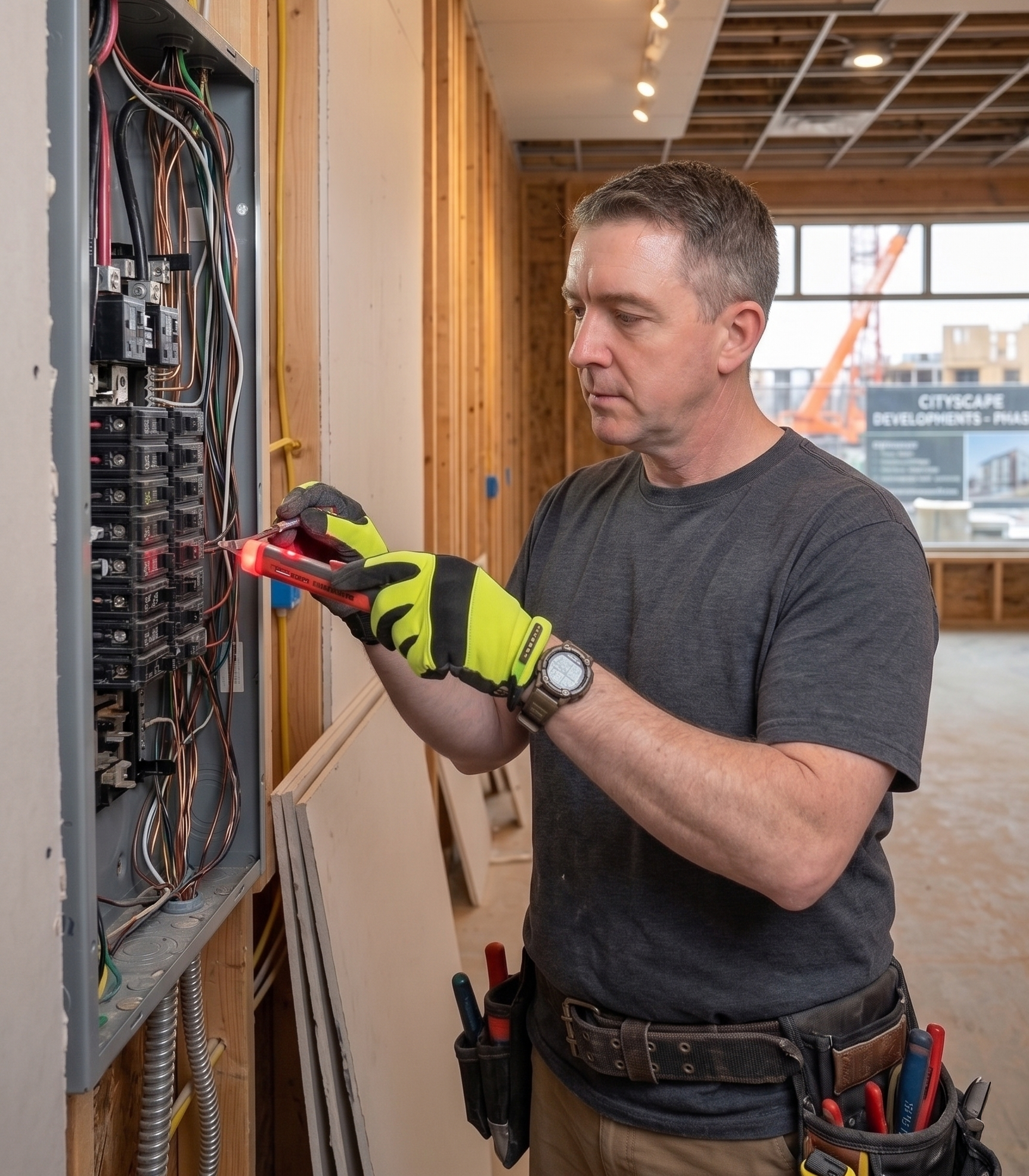Heath Turner troubleshooting an electrical panel in Mat-Su Valley